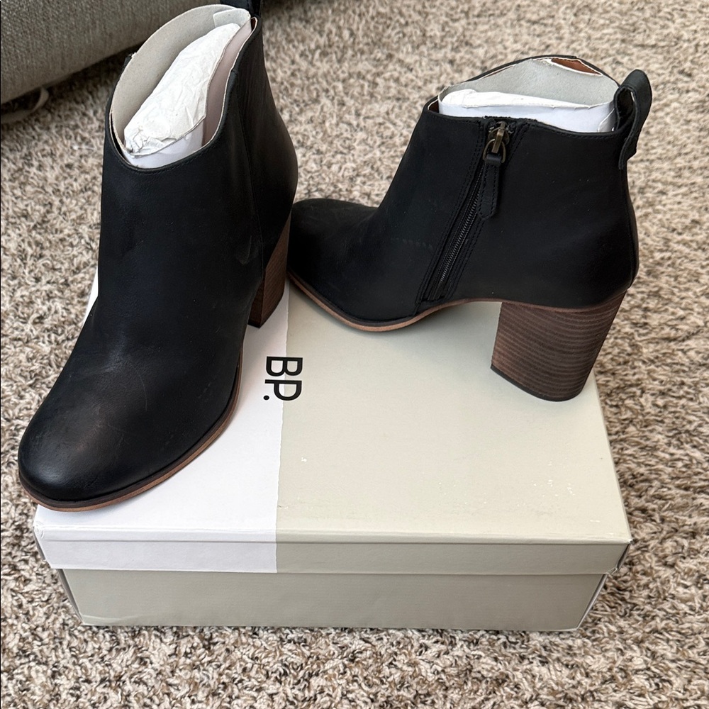 bp Black Leather Ankle Booties with Stacked Wood Heel